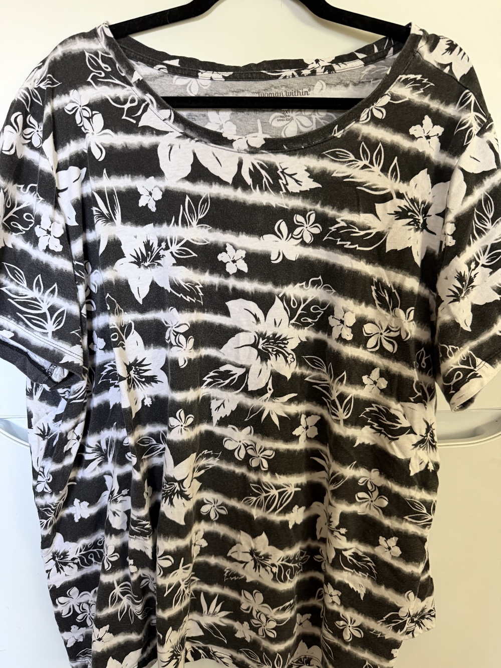 Woman Within Black and White Floral Stripe Short Sleeve Tee